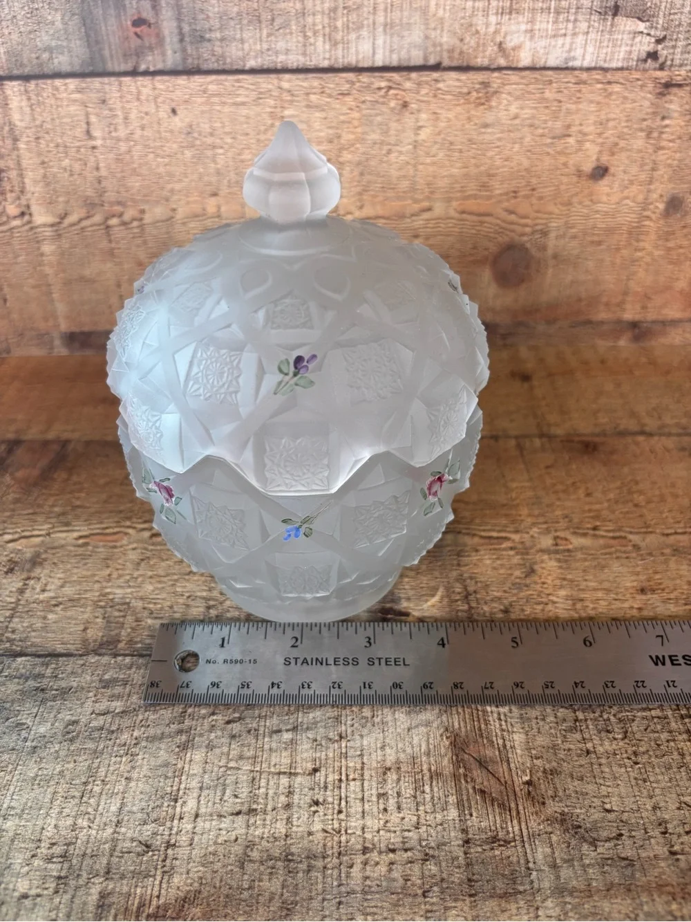 Vtg Westmoreland Frosted Satin Glass Old Quilt Candy Dish Hand Painted Flowers